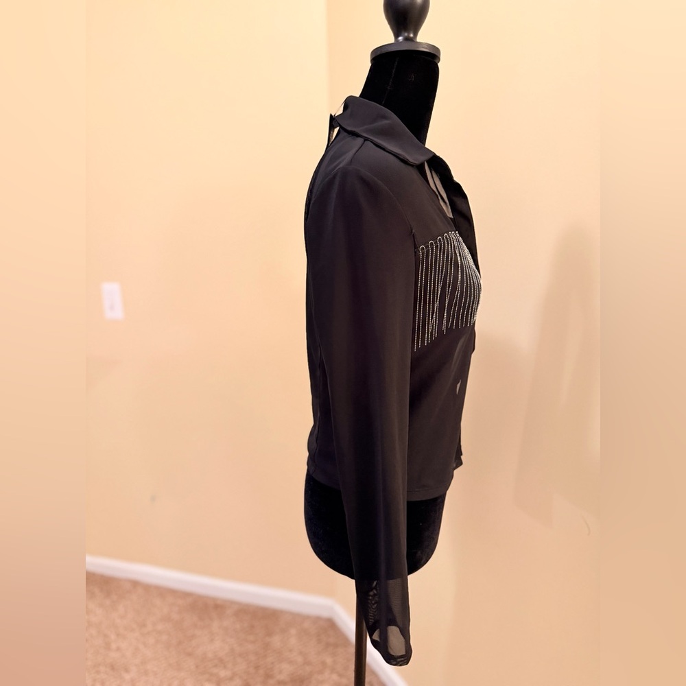 SHEIN SXY Sheer Fringe Trim Mesh Shirt, Long Sleeve Tops